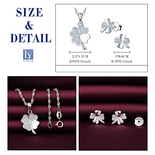 Yumilok-Juego de trébol de cuatro hojas de la suerte con colgante de circonita de plata esterlina S925 para pendientes de plata de ley 925 para mujer juego de trébol de cuatro hojas de la suerte