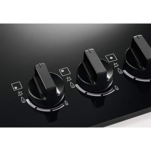 Zanussi ZGO68330BA Placa de gas, Gas on Glass, 3 fuegos, Quemador Wok, Mandos Frontales, Calor Instantaneo, Encendido electrónico, Parrillas hierro fundido, Termopar de Seguridad, Negro, 60 cm