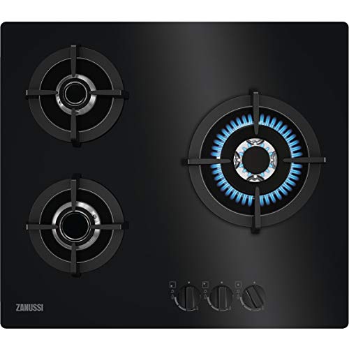 Zanussi ZGO68330BA Placa de gas, Gas on Glass, 3 fuegos, Quemador Wok, Mandos Frontales, Calor Instantaneo, Encendido electrónico, Parrillas hierro fundido, Termopar de Seguridad, Negro, 60 cm