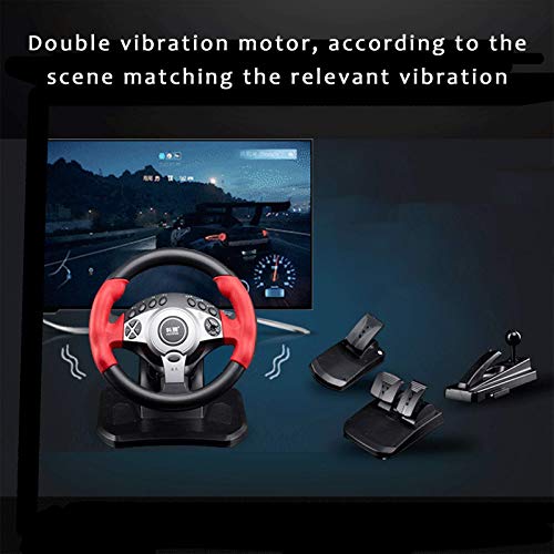 ZBBN Volante para Juegos de Carreras de 900 °, simulador de conducción USB para PC, con Pedal y Freno de Mano, Adecuado para PC/portátil, Rojo