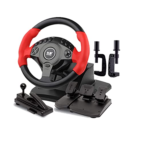 ZBBN Volante para Juegos de Carreras de 900 °, simulador de conducción USB para PC, con Pedal y Freno de Mano, Adecuado para PC/portátil, Rojo