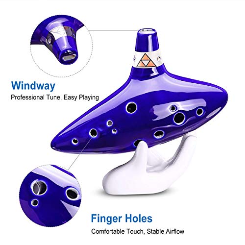 Zeroall Ocarina 12 Hoyos Cerámica Ocarina Alto C Leyenda de Zelda Ocarina con Soporte Blanco Libro de Música Cordón de Cuello, Excelente Flauta Instrumento(Azul Oscuro)