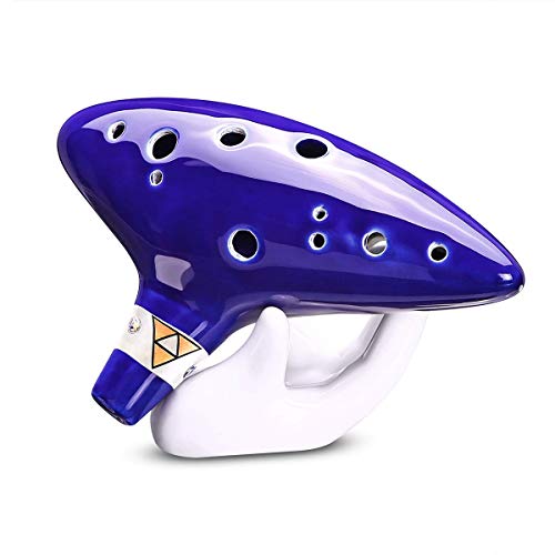 Zeroall Ocarina 12 Hoyos Cerámica Ocarina Alto C Leyenda de Zelda Ocarina con Soporte Blanco Libro de Música Cordón de Cuello, Excelente Flauta Instrumento(Azul Oscuro)