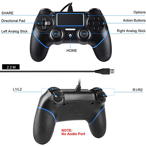 Zexrow Mando para PS4, Controlador De Juegos con Cable para PlayStation4/Pro/Slim/PC, Gamepad con Vibración Dual, Agarre Antideslizante y Cable USB De 2,1 m (Negro)