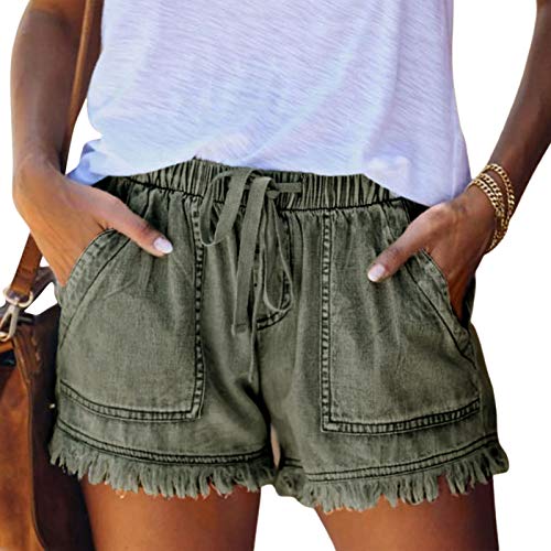ZhaZhaMeng Pantalones cortos holgados de mezclilla lavados para mujer, pantalones cortos con cordón de cintura elástica informal y dobladillo deshilachado