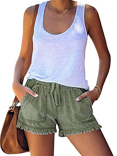 ZhaZhaMeng Pantalones cortos holgados de mezclilla lavados para mujer, pantalones cortos con cordón de cintura elástica informal y dobladillo deshilachado