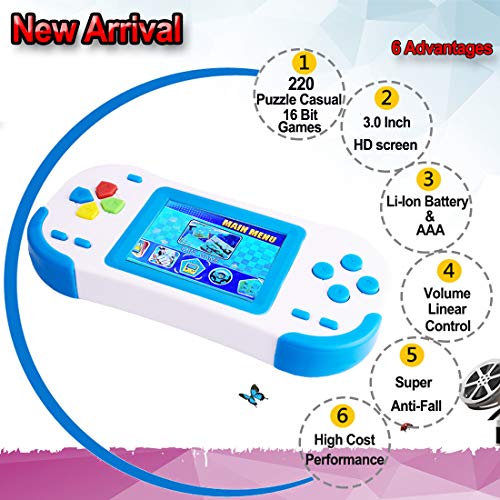 ZHISHAN Consola de Juegos Portátil para Niños con Construido en 220 Classic Video Juegos Sistema 3.0" LCD Cumpleaños Azul