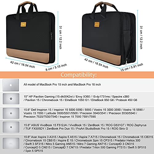 ZINZ Delgado y Expandible 15 15,6 16 Pulgadas Bolsa de Hombro para Portátil, Bolsa de Negocios Antirrobo Impermeable Maletín Bandolera con Cinturón de Carro, (7 L-15.34 L) -Negro