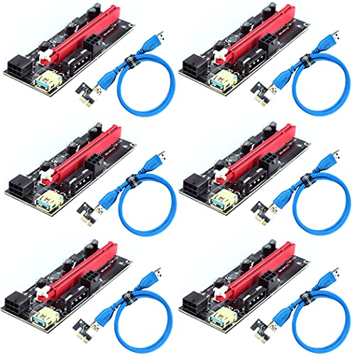 Ziyituod PCIe Riser, VER009S GPU Riser Express Kits 16X a 1X (Dual 6PIN / MOLEX) con extensión de gráficos LED, Gpu Riser Card - Ethereum Mining Eth, 60cm USB 3.0 Cable （6PCS）