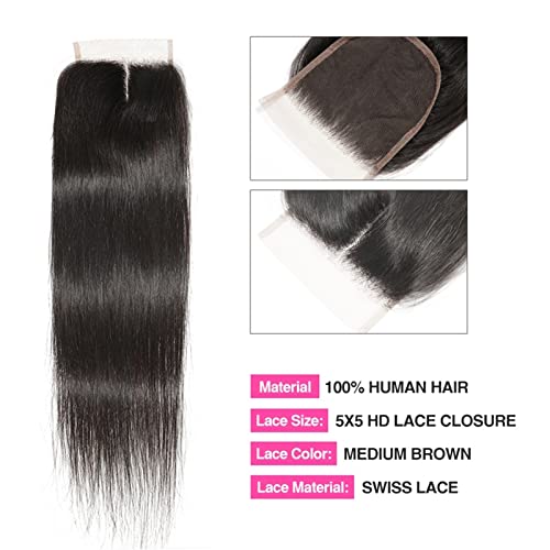 zlw-shop 3 PCS Tratamiento Y 1 PC Paquetes de Cierre de la PC 832 Pulgadas Paquetes de Tejido de Pelo Peruano Recto con Parte Central 5 × 5 Cierre de Encaje Peluquería Humana for Mujeres Negras