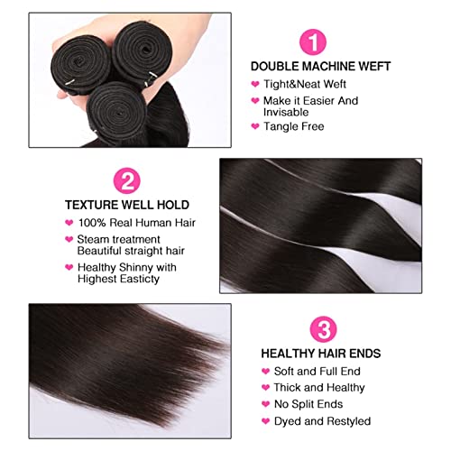 zlw-shop 3 PCS Tratamiento Y 1 PC Paquetes de Cierre de la PC 832 Pulgadas Paquetes de Tejido de Pelo Peruano Recto con Parte Central 5 × 5 Cierre de Encaje Peluquería Humana for Mujeres Negras