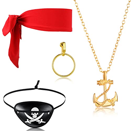 Zomiboo Set 4 Accesorios de Disfraz de Pirata Pendientes de Aro Parches de Ojos de Fieltro Pirata Traje de Pirata de Tibias Cruzadas de Cráneo Bufanda de Cabeza de Pirata Roja Collar Vintage de Oro