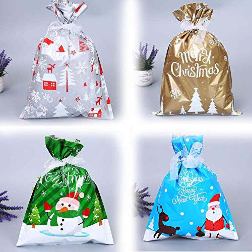 Zuyen 30 PCS Christmas Wrapping Bags, Holiday Foil Gift Bags, 6 Different Designs Wrapping Bags Christmas Goody Bags with 30 Ribbons for Party Favor