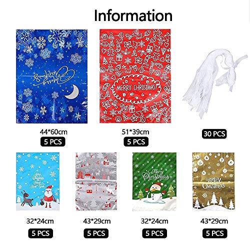 Zuyen 30 PCS Christmas Wrapping Bags, Holiday Foil Gift Bags, 6 Different Designs Wrapping Bags Christmas Goody Bags with 30 Ribbons for Party Favor