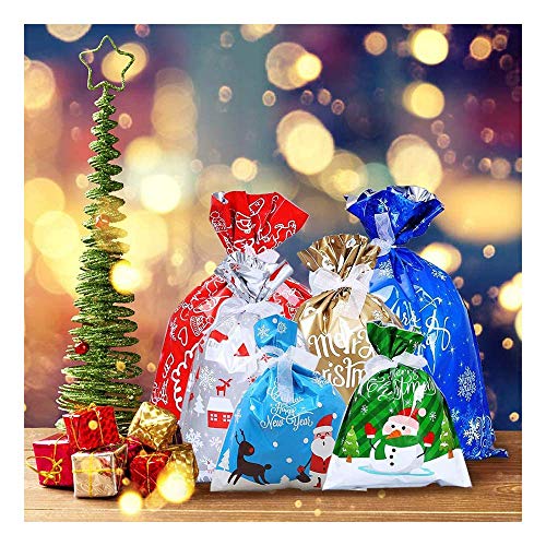 Zuyen 30 PCS Christmas Wrapping Bags, Holiday Foil Gift Bags, 6 Different Designs Wrapping Bags Christmas Goody Bags with 30 Ribbons for Party Favor