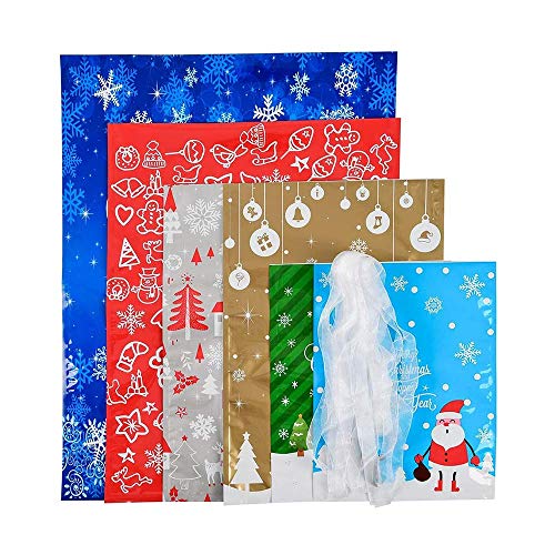 Zuyen 30 PCS Christmas Wrapping Bags, Holiday Foil Gift Bags, 6 Different Designs Wrapping Bags Christmas Goody Bags with 30 Ribbons for Party Favor