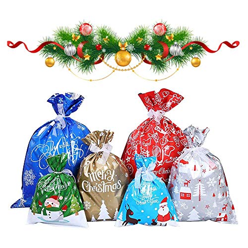 Zuyen 30 PCS Christmas Wrapping Bags, Holiday Foil Gift Bags, 6 Different Designs Wrapping Bags Christmas Goody Bags with 30 Ribbons for Party Favor
