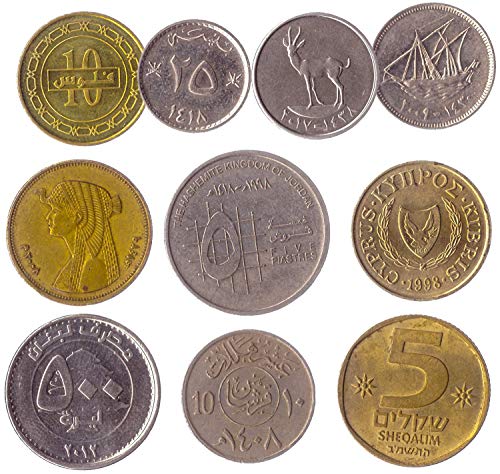 10 monedas diferentes de países de Oriente Medio. principalmente estos países: Bahrein, Chipre, Egipto, Israel, Jordania, Kuwait, Líbano, Omán, Arabia Saudita, Emiratos Árabes Unidos y Turquía
