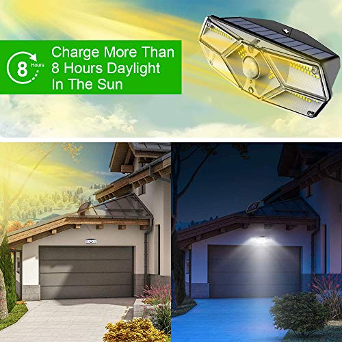 104 LED Luz Solar Exterior con Sensor de Movimiento 3 Modos, Luces LED Solares Exteriores 120º lluminación Focos Solares Exterior Impermeable Aplique Lampara Solar para Exterior Jardin Camino - 1 PC