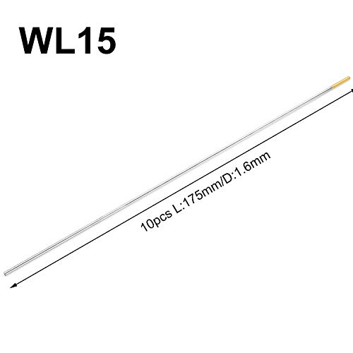 10x Aguja de Electrodos Tungsteno WL-15 Ø1,6 x 175 mm tungsteno TIG Welding Gold WL15 Adecuado para acero inoxidable, titanio, aleación níquel, al carbono etc.