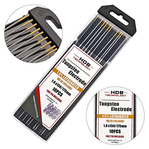 10x Aguja de Electrodos Tungsteno WL-15 Ø1,6 x 175 mm tungsteno TIG Welding Gold WL15 Adecuado para acero inoxidable, titanio, aleación níquel, al carbono etc.
