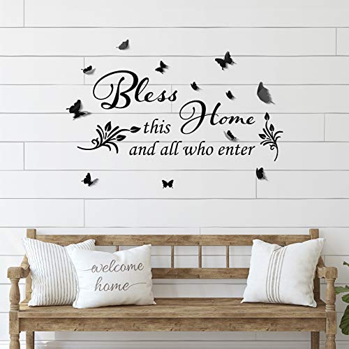 12 Piezas Decoraciones Negras de Pared Bless This Home Mariposas 3D y Pegatinas de All Who Enter Calcomanías de Vinilo de Pared de 22 x 10 Pulgadas Letrero de Citas Decoración de Hogar