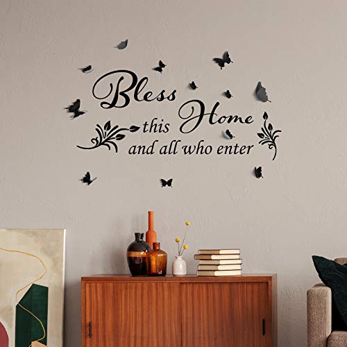 12 Piezas Decoraciones Negras de Pared Bless This Home Mariposas 3D y Pegatinas de All Who Enter Calcomanías de Vinilo de Pared de 22 x 10 Pulgadas Letrero de Citas Decoración de Hogar