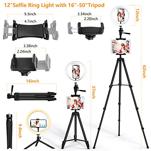 12"Aro de Luz con Trípode，PEYOU [con Soporte para Tablet]62" Anillo de Luz LED con Mini Trípode y 3 Soporte para Teléfono，Trípode para Móvil/iPad/Cámara, 3 Modo 10 Brillo,Aro de luz para movil Tik tok