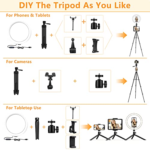 12"Aro de Luz con Trípode，PEYOU [con Soporte para Tablet]62" Anillo de Luz LED con Mini Trípode y 3 Soporte para Teléfono，Trípode para Móvil/iPad/Cámara, 3 Modo 10 Brillo,Aro de luz para movil Tik tok