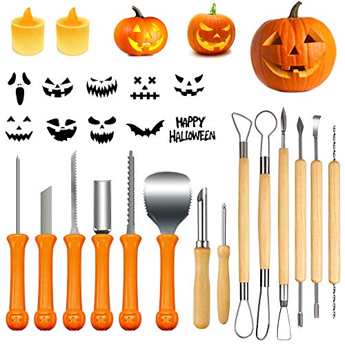 14 piezas de juego de tallado de calabaza de Halloween con 2 velas LED, 10 plantillas de tallado, herramientas de tallado profesionales de acero inoxidable para niños con bolsa de almacenamiento