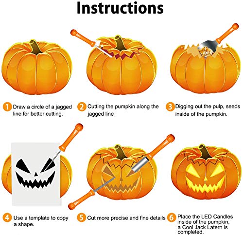14 piezas de juego de tallado de calabaza de Halloween con 2 velas LED, 10 plantillas de tallado, herramientas de tallado profesionales de acero inoxidable para niños con bolsa de almacenamiento