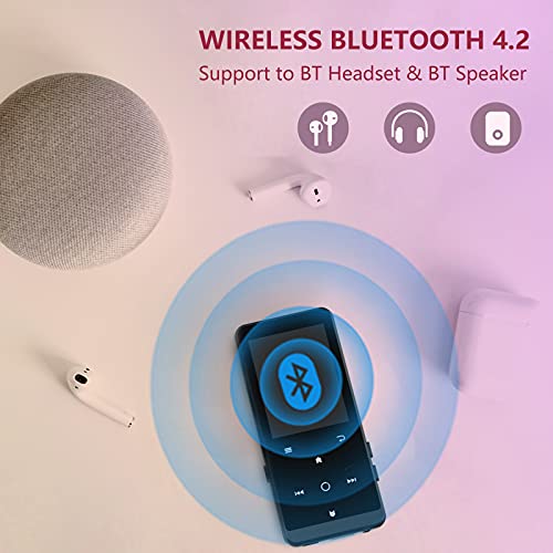 16GB Reproductor MP3 Bluetooth 4.2-MP3 Player con Grabarora, FM Radio, con Pantalla de Color de 1.8" y Botón Táctil, Soporte hasta 64GB Tarjeta(Auriculares incluidos)