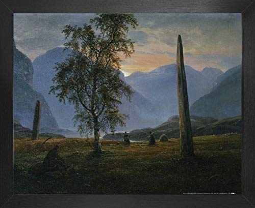 1art1 Johan Christian Clausen Dahl Póster Impresión Artística con Marco (Madera DM) - Paisaje con Piedras Megalíticas, 1839 (50 x 40cm)