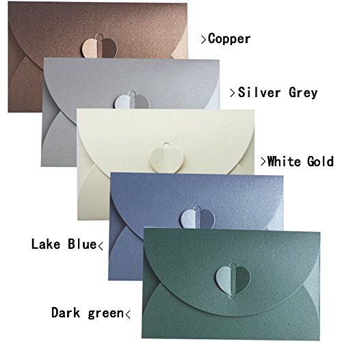 20pcs Sobre de papel nacarado, Sobre postal, Creativo retro Sobre en forma de corazón lindo, para la boda,fiesta de cumpleaños, 5 colores (cobre,gris plata,oro blanco,azul lago,verde oscuro)
