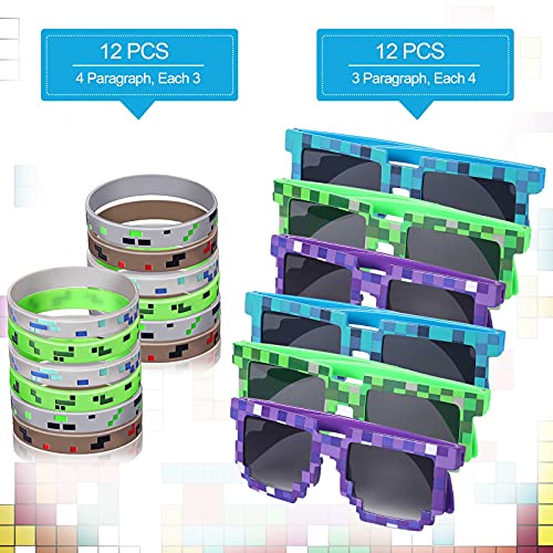 24 Piezas Set de Fiesta de Minero Incluye 12 Pulseras Temáticas Pixeladas y 12 Gafas de Sol de Jugador de Píxeles Gafas Pixeladas de Sol para Niños Adultos Favores de Fiesta de Cumpleaños