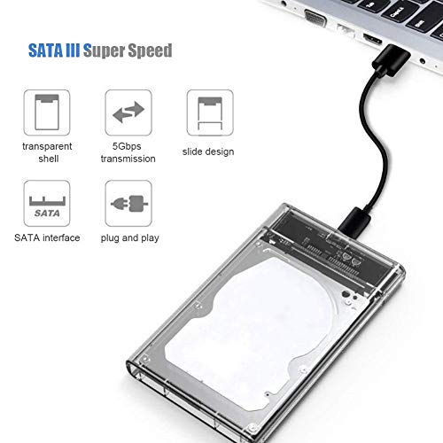 2,5 Pulgadas Caja De Disco Duro MóVil, Carcasa Disco Duro USB 3.0 a SATA para HDD SSD SATA I/II/III de 7mm/9,5mm, con luz LED Azul y Cable de Datos, Transparente