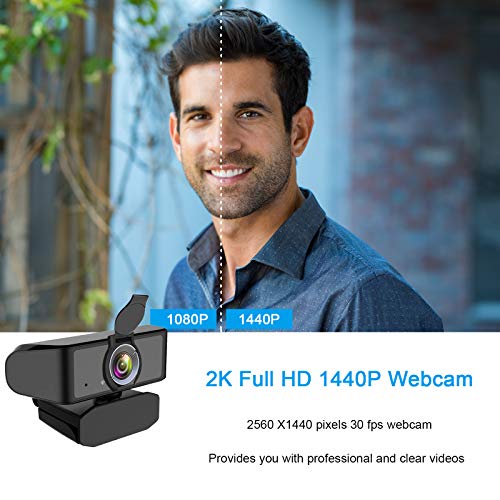 2K Webcam 1440P Full HD con Micrófono Y Cubierta de privacidad, USB Web Camera con trípode, para Mac Windows Portátil Videollamadas Conferencias Juegos Plug y Play, Cámara Web para Skype