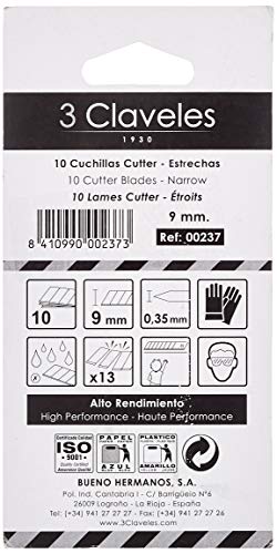3 Claveles Set de 10 Cuchillas para cúter de 9 mm, Acero, Gris, 14.58x6.58x0.38000000000000006 cm