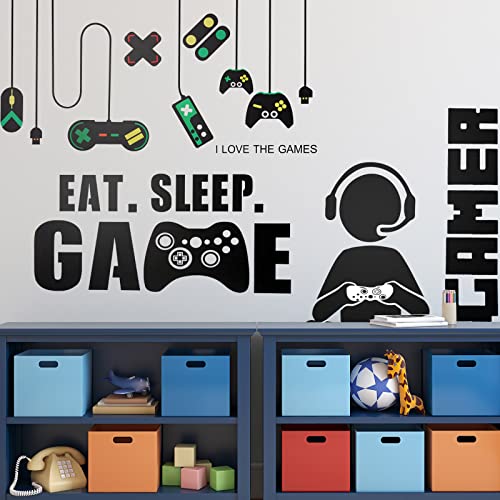 3 Hojas Pegatinas de Vinilo de Juego de Pared Calcomanía de Videojuegos de Pared, Calcomanía de Pared de Eat Sleep Game para Niño Hombre Sala de Juego (Estilo Chico Sentado de Juego)