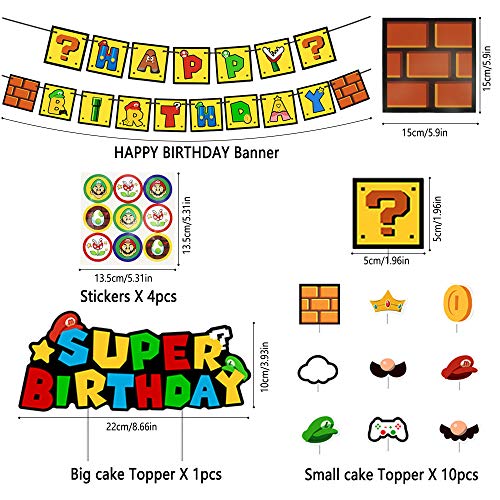 39 Piezas de Super Mario Happy Birthday, Super Mario Party Supplies de Globos de Látex Redondo Banner de Happy Birthday Adorno de Torta Para Decoración