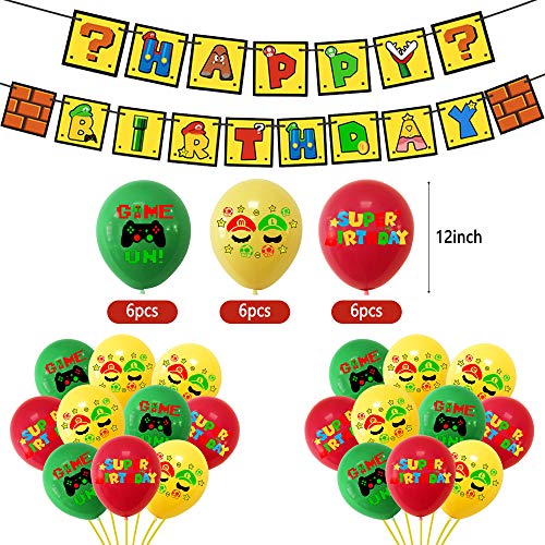 39 Piezas de Super Mario Happy Birthday, Super Mario Party Supplies de Globos de Látex Redondo Banner de Happy Birthday Adorno de Torta Para Decoración