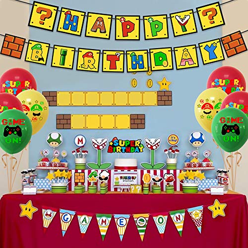 39 Piezas de Super Mario Happy Birthday, Super Mario Party Supplies de Globos de Látex Redondo Banner de Happy Birthday Adorno de Torta Para Decoración