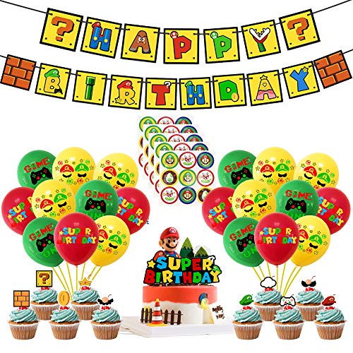 39 Piezas de Super Mario Happy Birthday, Super Mario Party Supplies de Globos de Látex Redondo Banner de Happy Birthday Adorno de Torta Para Decoración