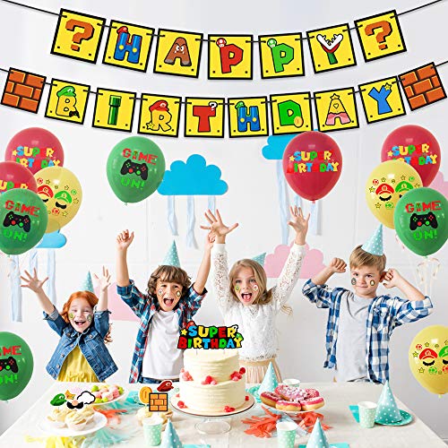 39 Piezas de Super Mario Happy Birthday, Super Mario Party Supplies de Globos de Látex Redondo Banner de Happy Birthday Adorno de Torta Para Decoración