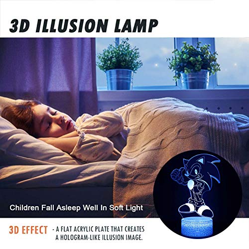 3d Sonic El Erizo Ilusión Luz Nocturna, Lámpara De Mesa De Dibujos Animados Con Control Remoto 16 Colores Cambian, Regalo De Cumpleaños Para Niños