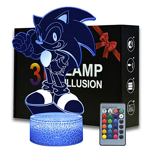 3d Sonic El Erizo Ilusión Luz Nocturna, Lámpara De Mesa De Dibujos Animados Con Control Remoto 16 Colores Cambian, Regalo De Cumpleaños Para Niños