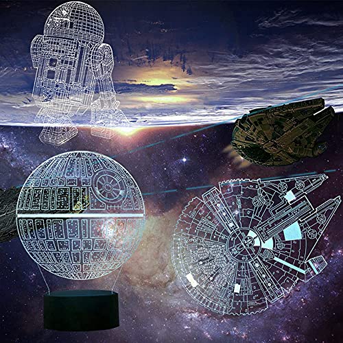 3D Star Wars Lamp - Star Wars Gifts - 3 Pattern & 1 Base & 1 Remote - Star Wars R2-D2 / Death Star/Millennium Falcon - Star Wars Light - Star Wars con control remoto