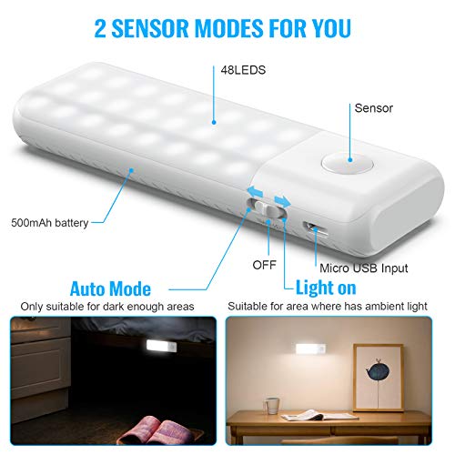 [4 Paquete] Luz Armario, Trswyop Súper Brillante 48 LED Luz Nocturna con Sensor de Movimiento, Luz USB Recargable , Lámpara Nocturna Ideal para Armario, Pasillo, Escalerav, Cocina, Garaje