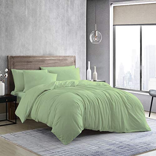 4 PC Bed Sheets Set with 1 Zipper Closure Duvet Cover- 100% Egyptian Cotton 400 Thread Count, Ultra Soft, Durable and Fade Resistant, Sage Solid- Super King Size