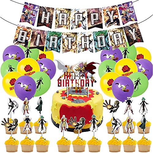 44pcs One Punch Man Party Supplies, One Punch Cumpleaños Decoraciones temáticas, One Punch Banner, Globos, Adorno para tarta para decoración de suministros para fiestas de cumpleaños de niños